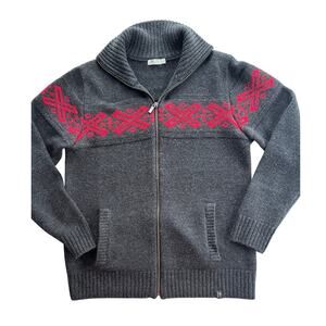 Néve Designs Men’s Large 100% Wool Nordic Full Zip Ski Sweater Gray Red